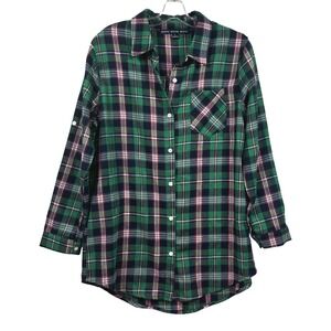 HYFVE Comfy Plaid Flannel Shirt Green Navy Red Long Sleeve Button Up Women's L